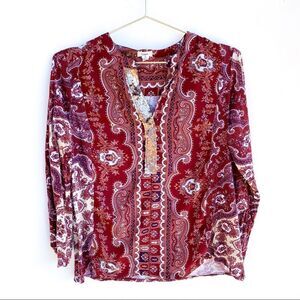 Tiny Maroon Paisley Print Gold Sequin Blouse Top